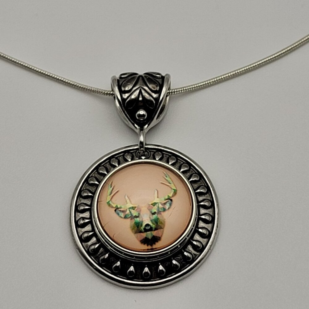 925 Silver Chain Glass Dome Deer Pendant Necklace 20 Inch Buck Stag Silver Tone